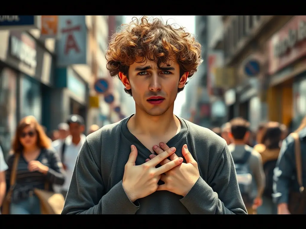 A person experiencing a panic attack in a crowded place, illustrating the overwhelming nature of anxiety disorders.