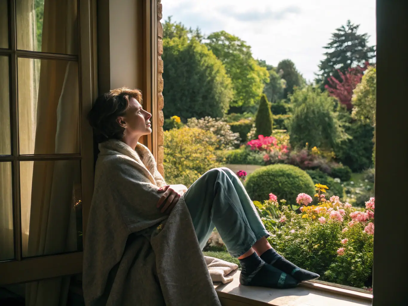 A person looking thoughtfully out of a window, symbolizing introspection and awareness of inner feelings, set in a calming, natural environment.
