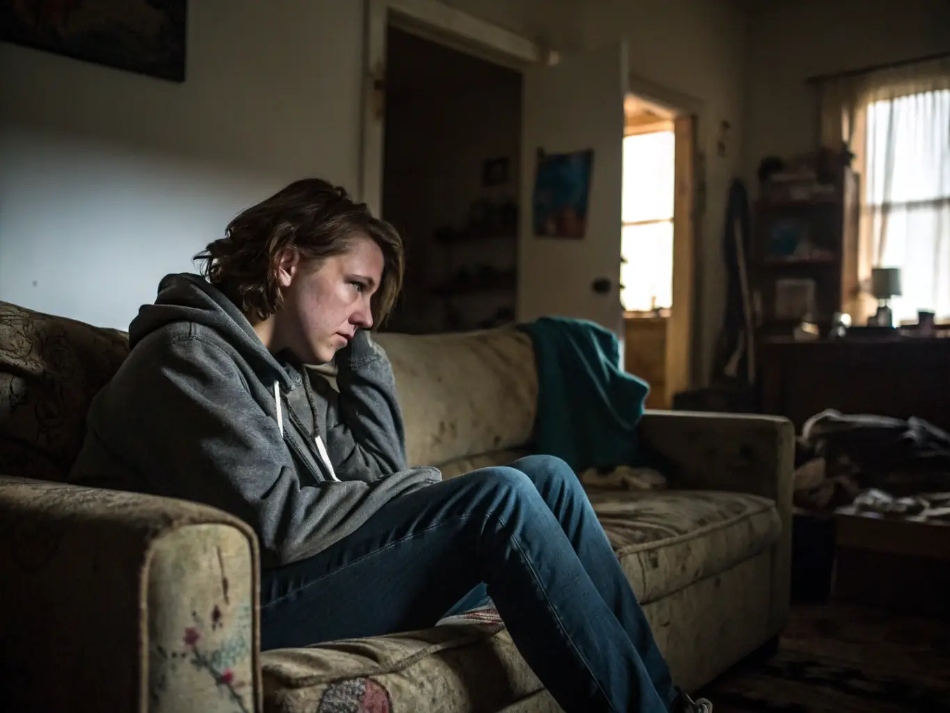 A person isolating themselves in a dimly lit room, representing withdrawal from social activities and a sense of loneliness.