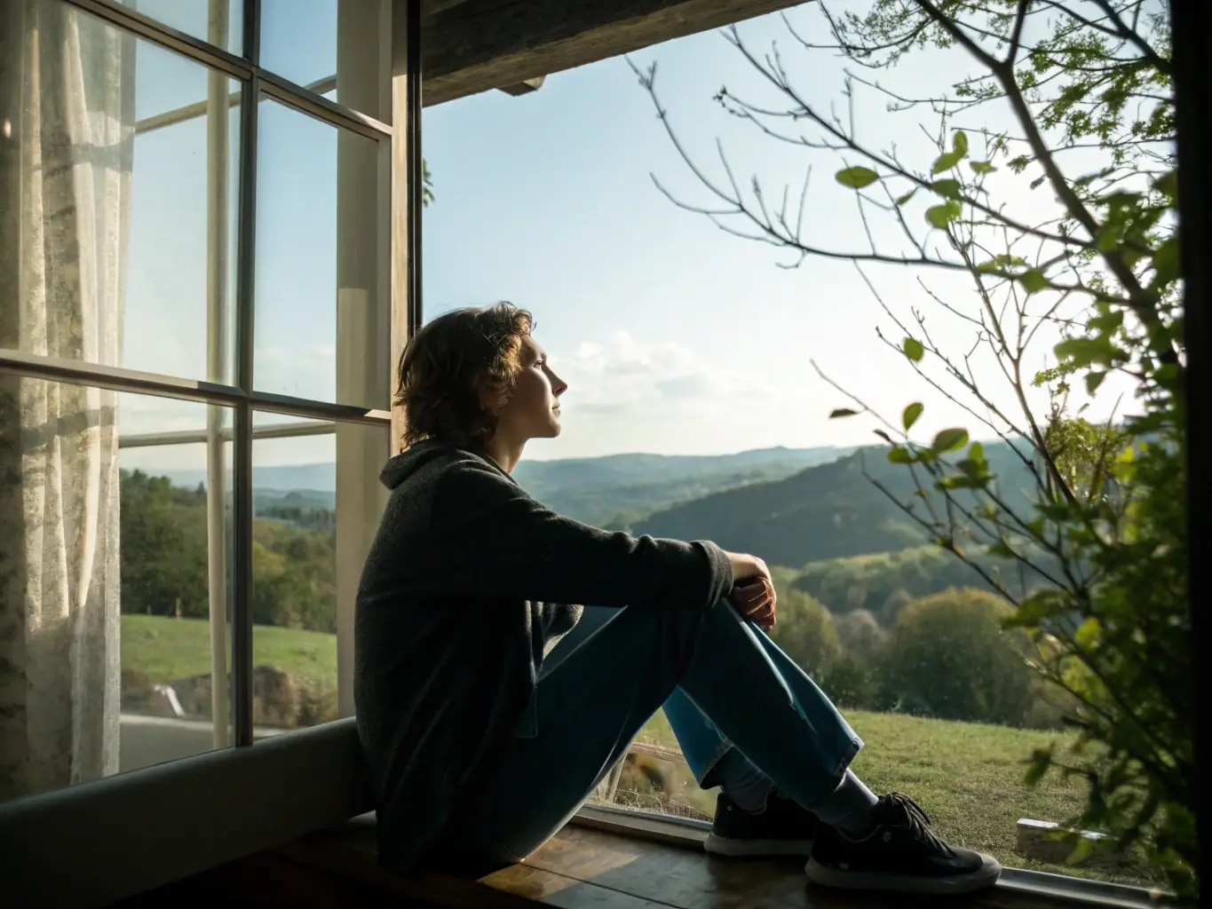 A person looking thoughtfully out of a window, symbolizing introspection and the internal struggles associated with depression.